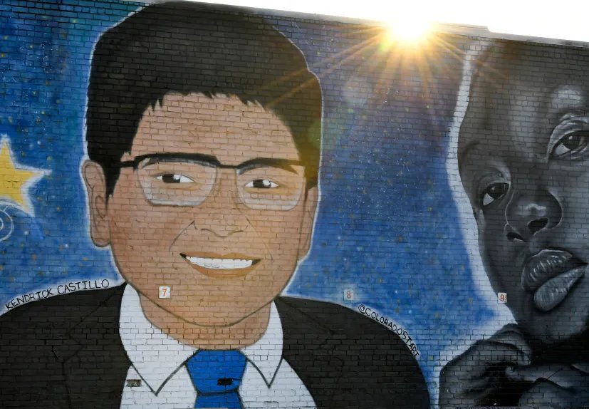 Kendrick Castillo portrait on the memorial wall at 21st and Lawrence